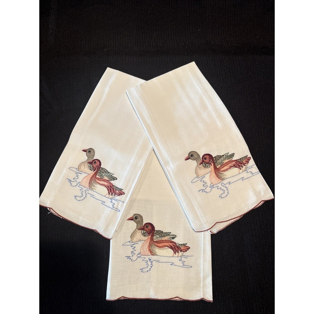 3 Vintage Hand Embroidered Linen Hand Towels Ducks White Handmade Cottage